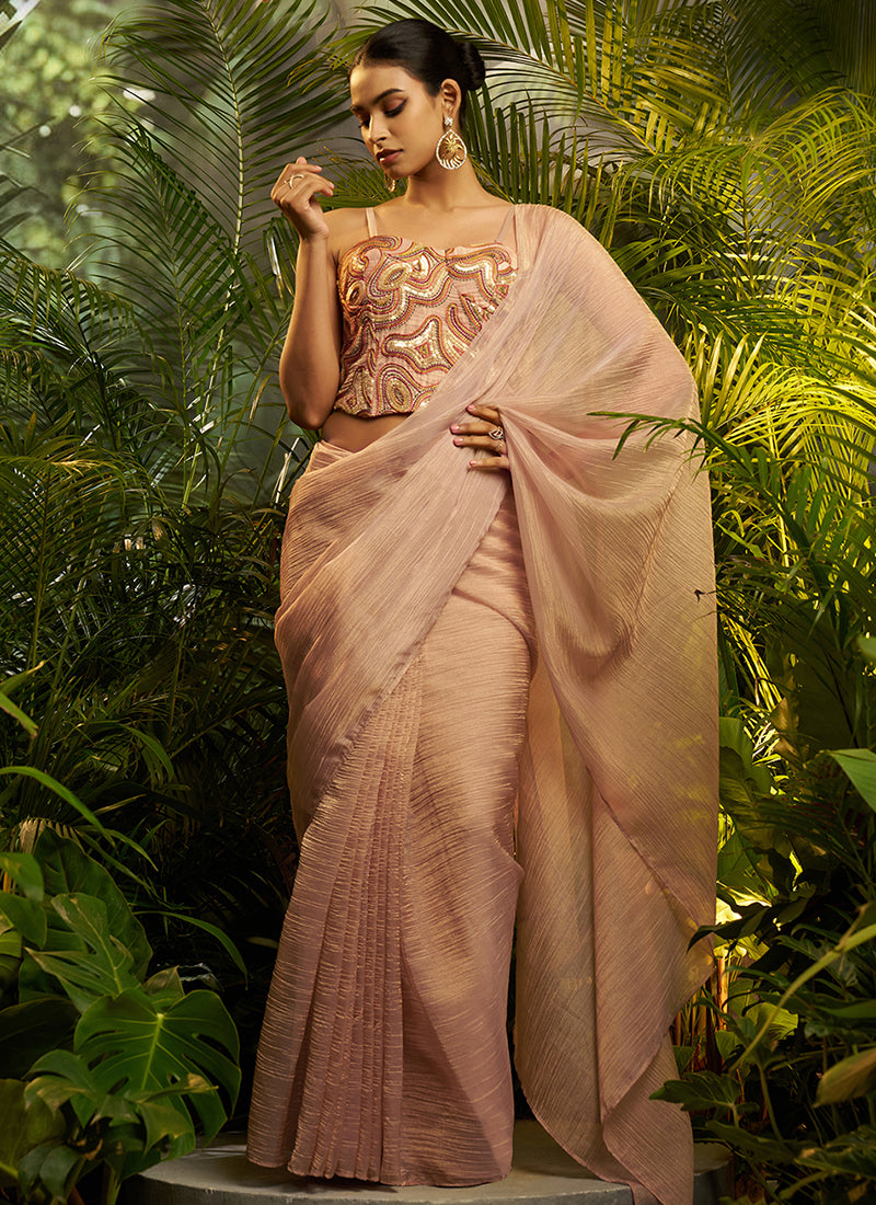 Blush Pink Embroidery Tissue Saree