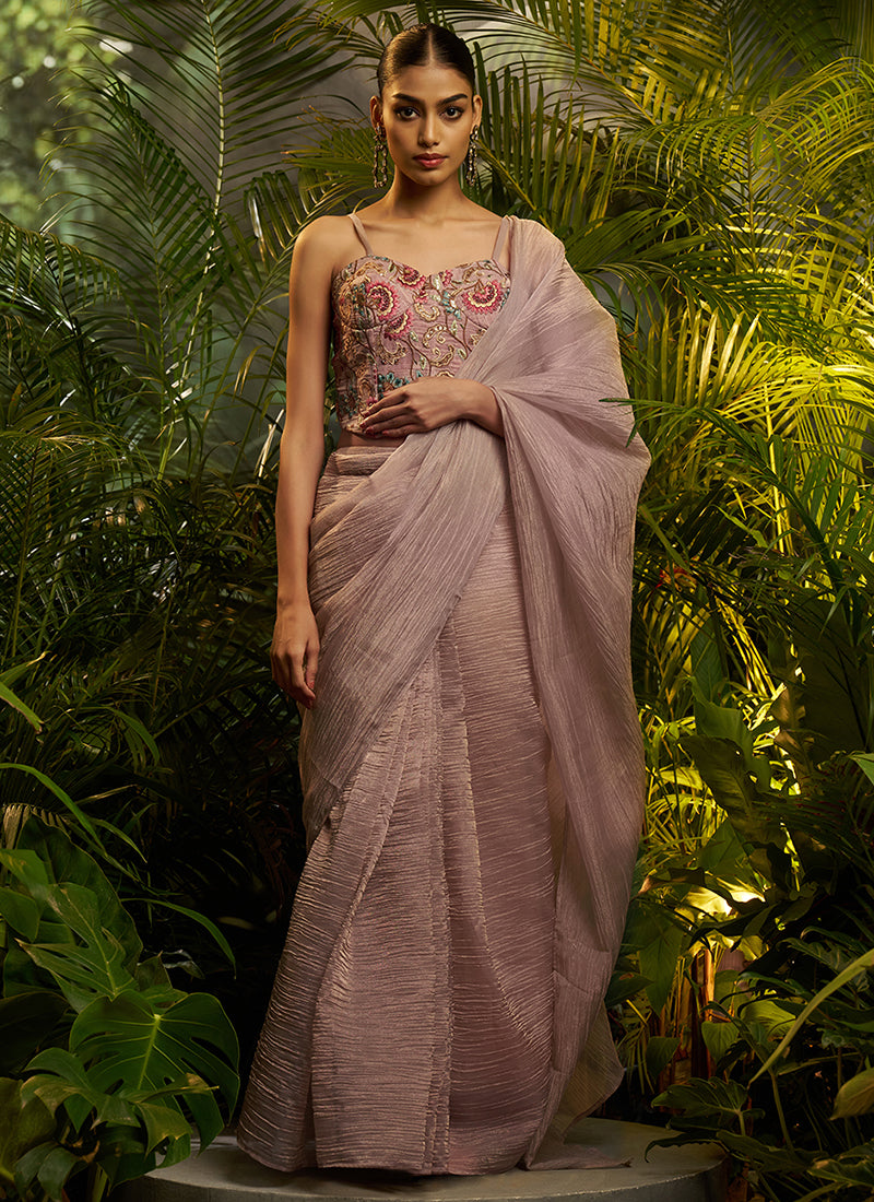 Mauve Pink Embroidery Tissue Saree