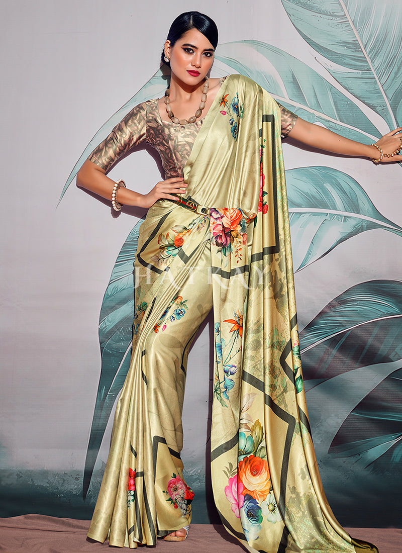 Lime Green Digital Printed Crape Silk Saree