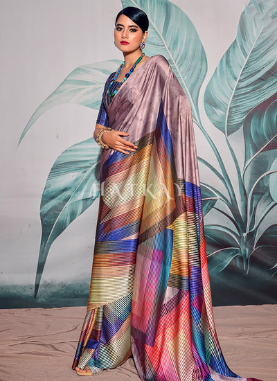 Purple Multicolored Digital Printed Crape Silk Saree