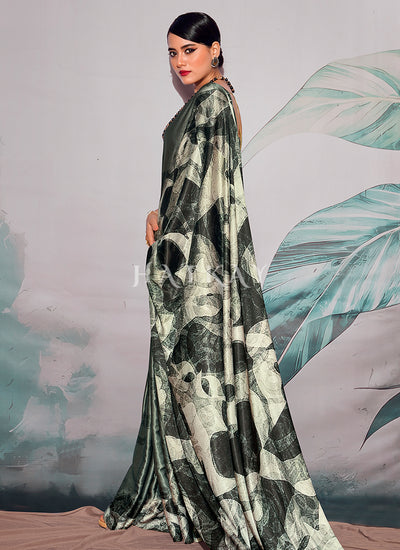 Dark Green Digital Printed Crape Silk Saree