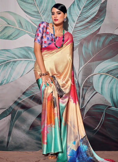 Yellow Multicolored Digital Printed Crape Silk Saree