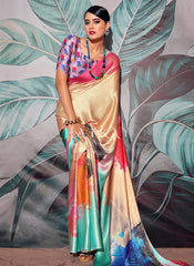 Yellow Multicolored Digital Printed Crape Silk Saree