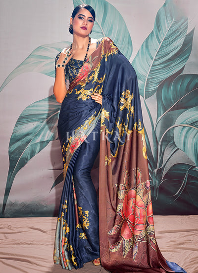 Blue Multicolored Digital Printed Crape Silk Saree