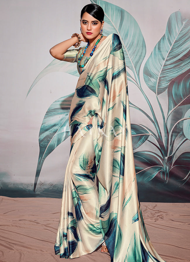 Off White Multicolored Digital Printed Crape Silk Saree