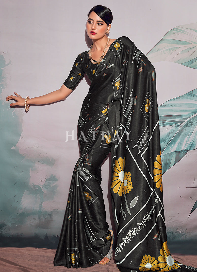 Black Multicolored Digital Printed Crape Silk Saree