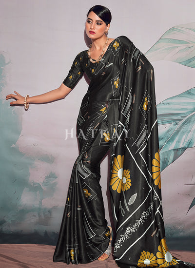 Black Multicolored Digital Printed Crape Silk Saree