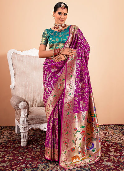 Wine And Teal Handloom Woven Silk Saree