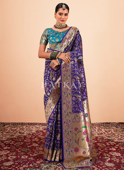 Indigo And Teal Handloom Woven Silk Saree