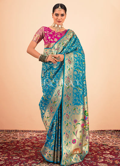 Turquoise And Magenta Handloom Woven Silk Saree