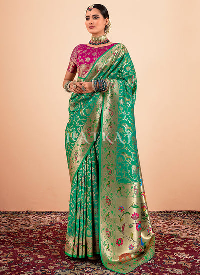 Green And Pink Handloom Woven Silk Saree