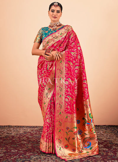 Crimson Red And Teal Handloom Woven Silk Saree