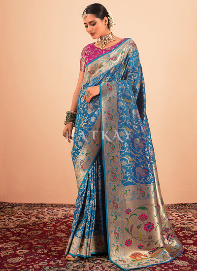 Royal Blue And Pink Handloom Woven Silk Saree