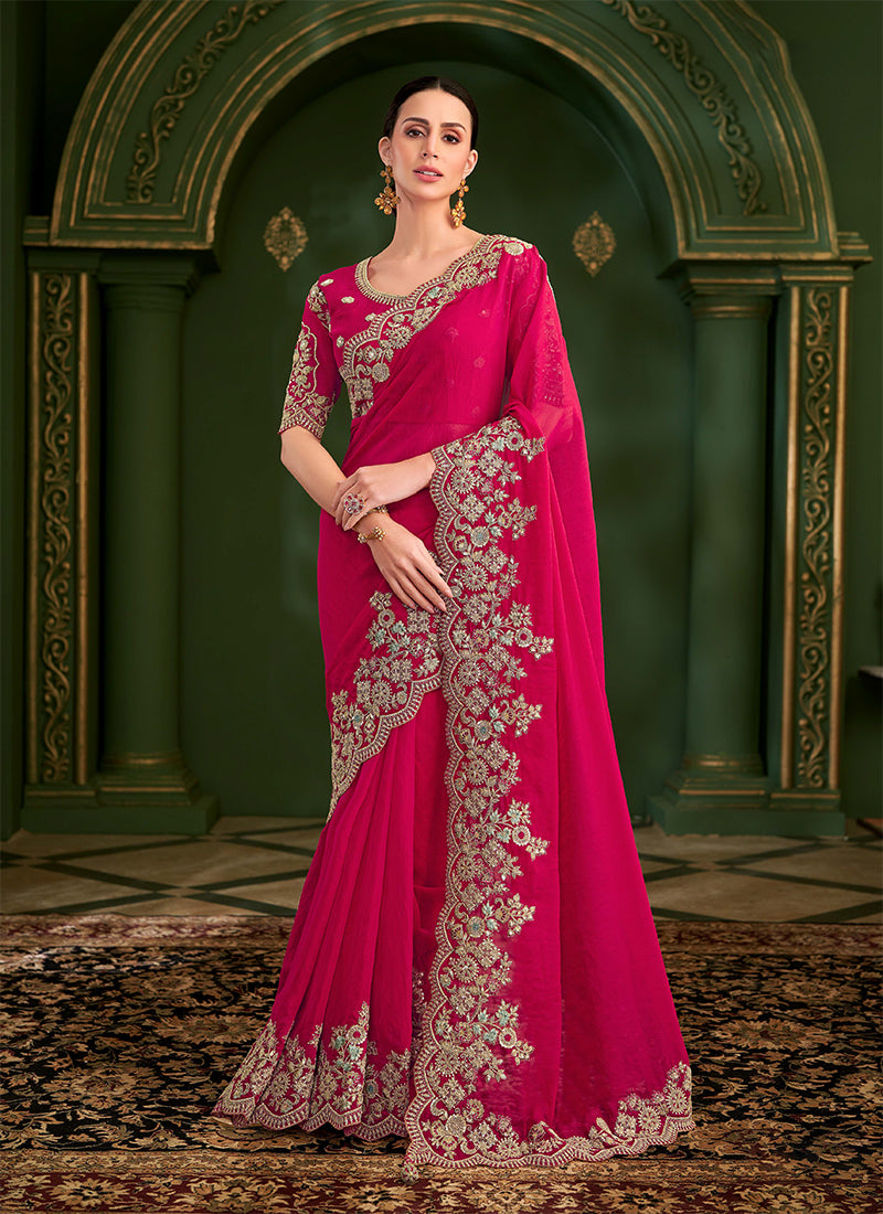 Hot Pink Traditional Embroidery Wedding Saree