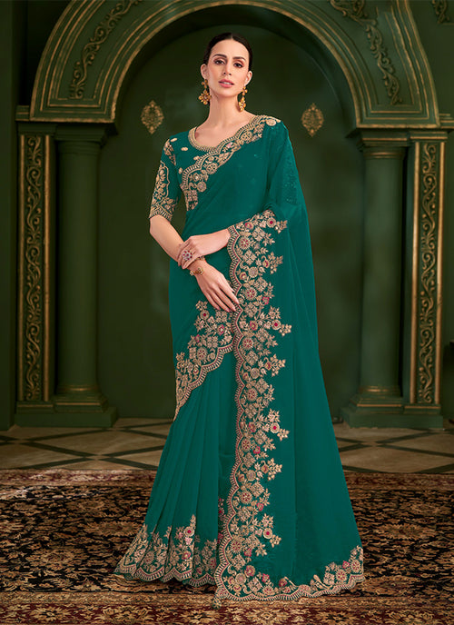 Teal Traditional Embroidery Wedding Saree