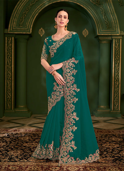 Teal Traditional Embroidery Wedding Saree