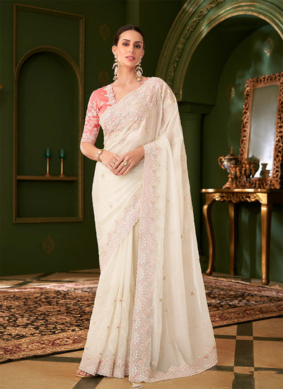 Ivory White And Peach Traditional Embroidery Wedding Saree