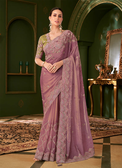 Lavender And Olive Traditional Embroidery Wedding Saree