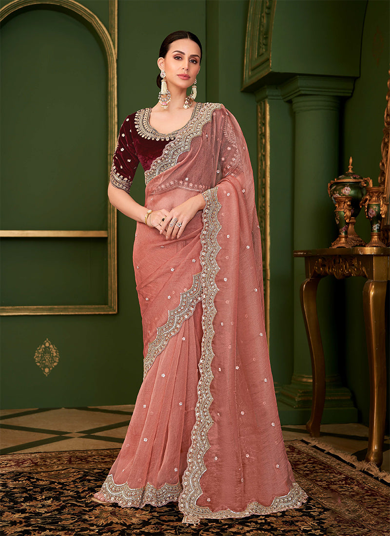 Rose Pink And Maroon Traditional Embroidery Wedding Saree