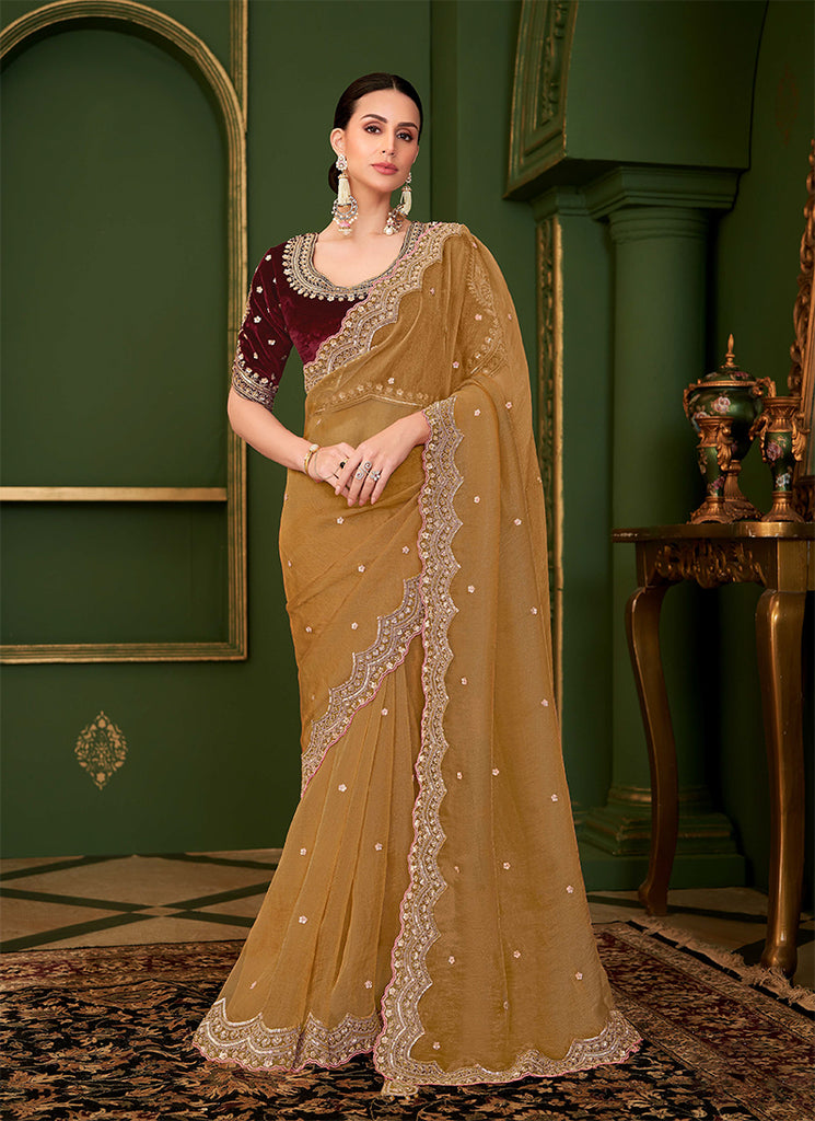 Mustard Gold And Maroon Traditional Embroidery Wedding Saree