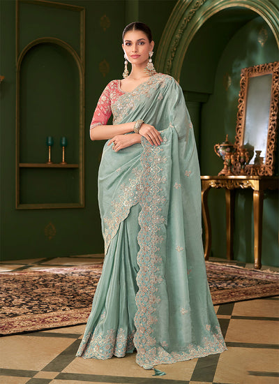 Powder Blue And Pink Traditional Embroidery Wedding Saree