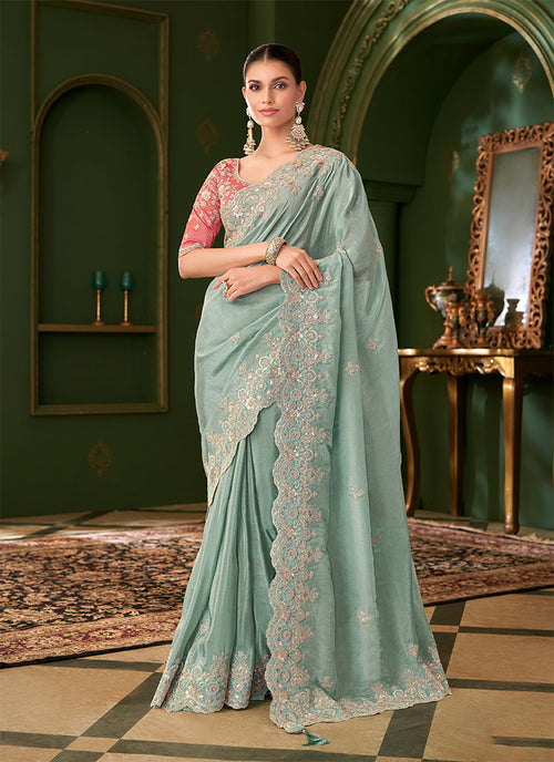 Powder Blue And Pink Traditional Embroidery Wedding Saree