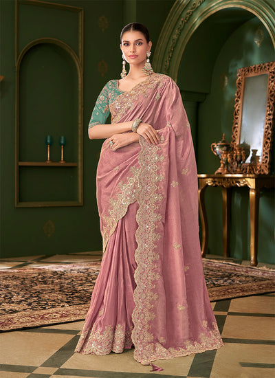 Mauve Pink And Teal Traditional Embroidery Wedding Saree