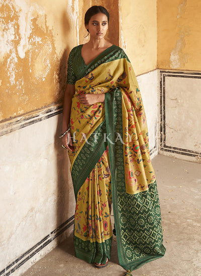 Green And Yellow Embroidered Wedding Silk Saree