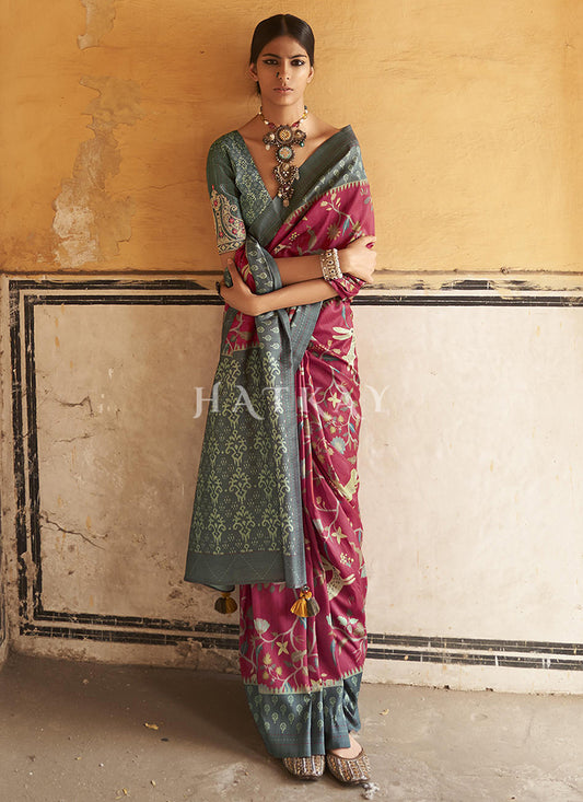 Pink And Grey Embroidered Wedding Silk Saree
