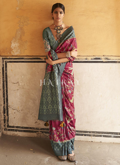 Pink And Grey Embroidered Wedding Silk Saree