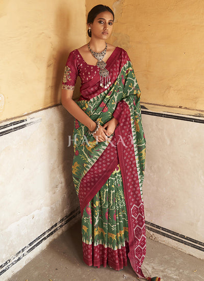 Red And Green Embroidered Wedding Silk Saree