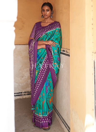 Teal And Purple Embroidered Wedding Silk Saree