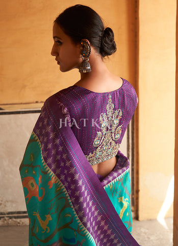 Teal And Purple Embroidered Wedding Silk Saree