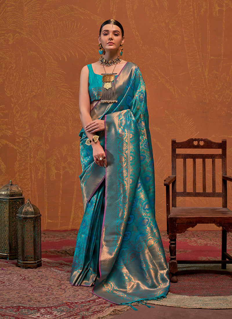 Turquoise Handloom Weaving Silk Saree