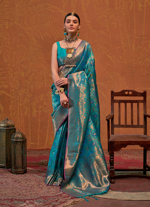 Turquoise Handloom Weaving Silk Saree