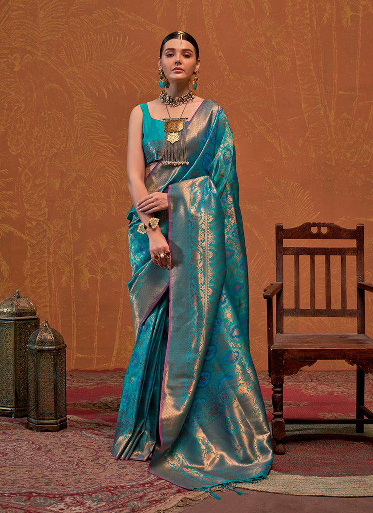 Turquoise Handloom Weaving Silk Saree