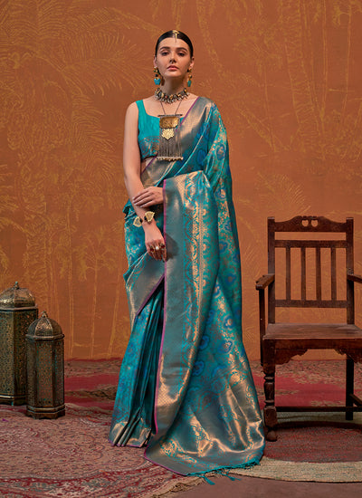 Turquoise Handloom Weaving Silk Saree