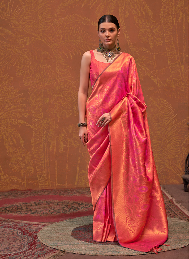 Coral Pink Handloom Weaving Silk Saree