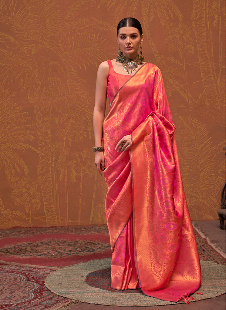Coral Pink Handloom Weaving Silk Saree