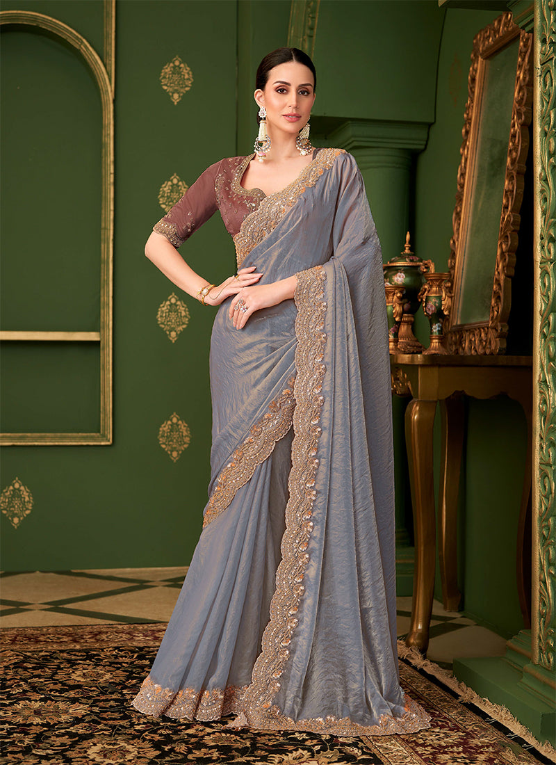 Steel Blue And Brown Traditional Embroidery Wedding Saree