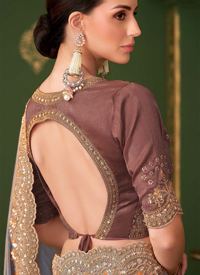 Steel Blue And Brown Traditional Embroidery Wedding Saree