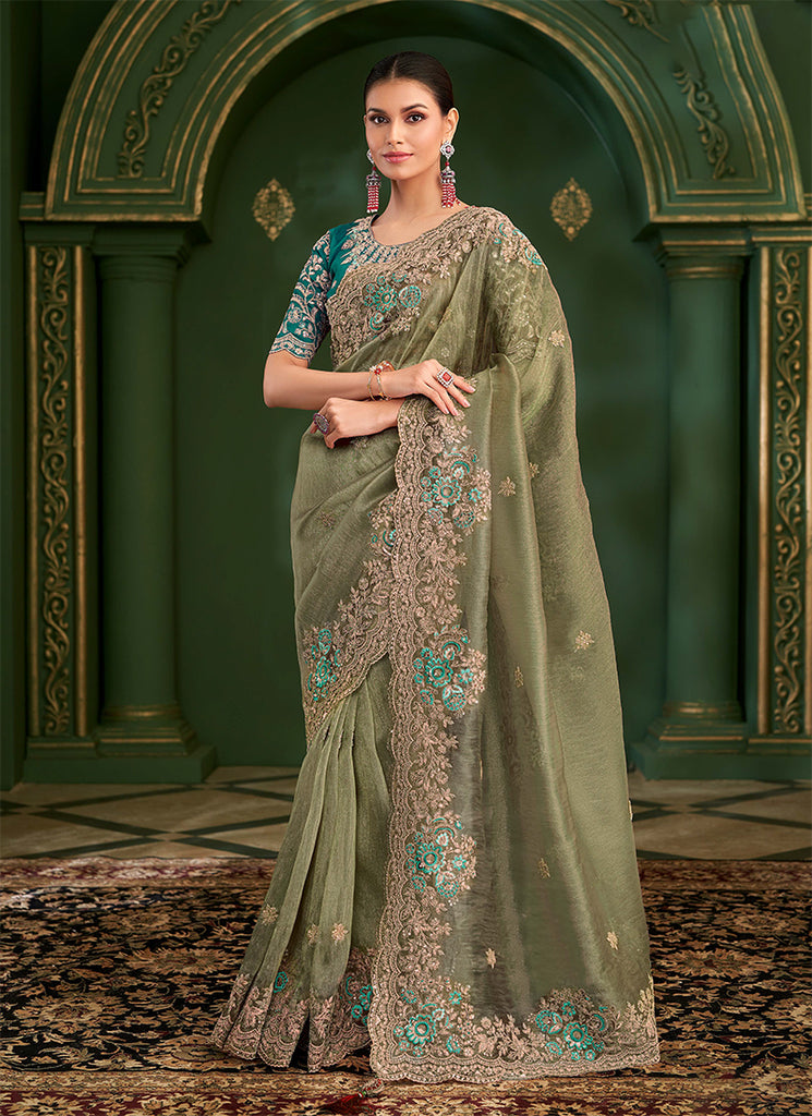 Sage Green And Teal Traditional Embroidery Wedding Saree