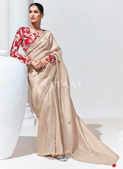 Soft Beige And Red Embroidered Organza Silk Saree