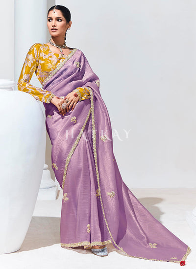 Purple And Yellow Embroidered Organza Silk Saree