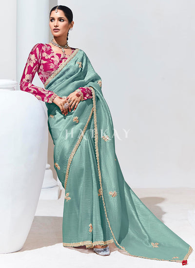 Sea Green And Magenta Embroidered Organza Silk Saree