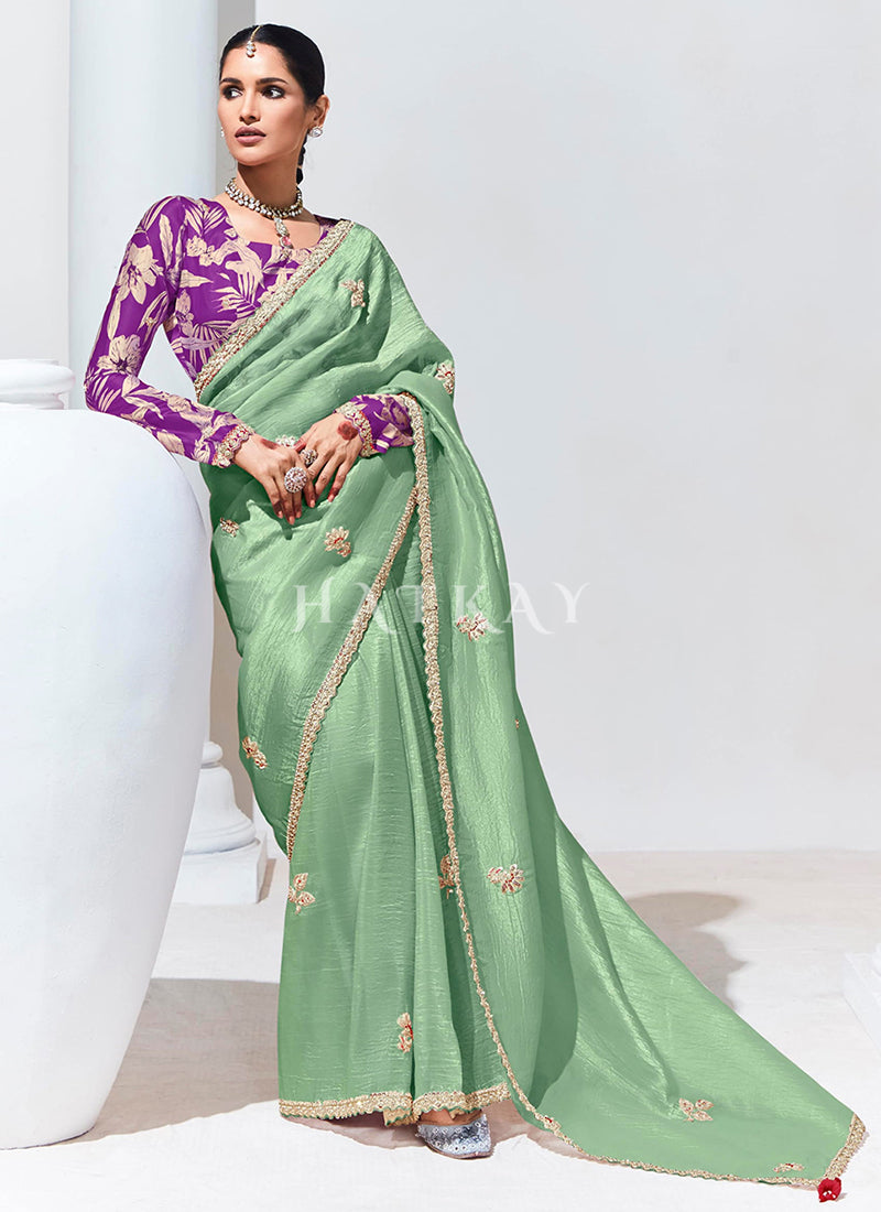 Green And Purple Embroidered Organza Silk Saree