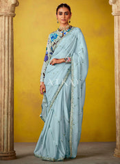 Mist Blue Multi Embroidery Silk Saree