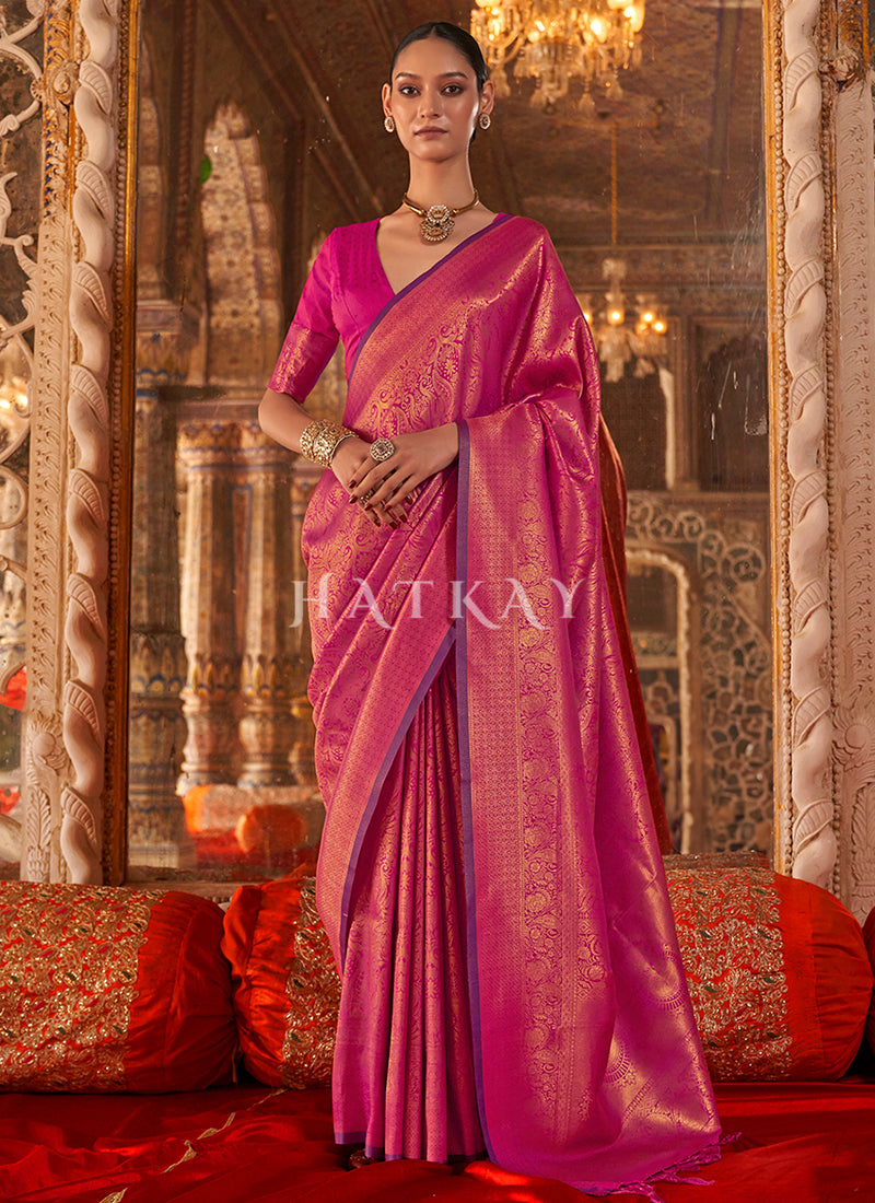 Rani Pink Handloom Weaved Silk Saree