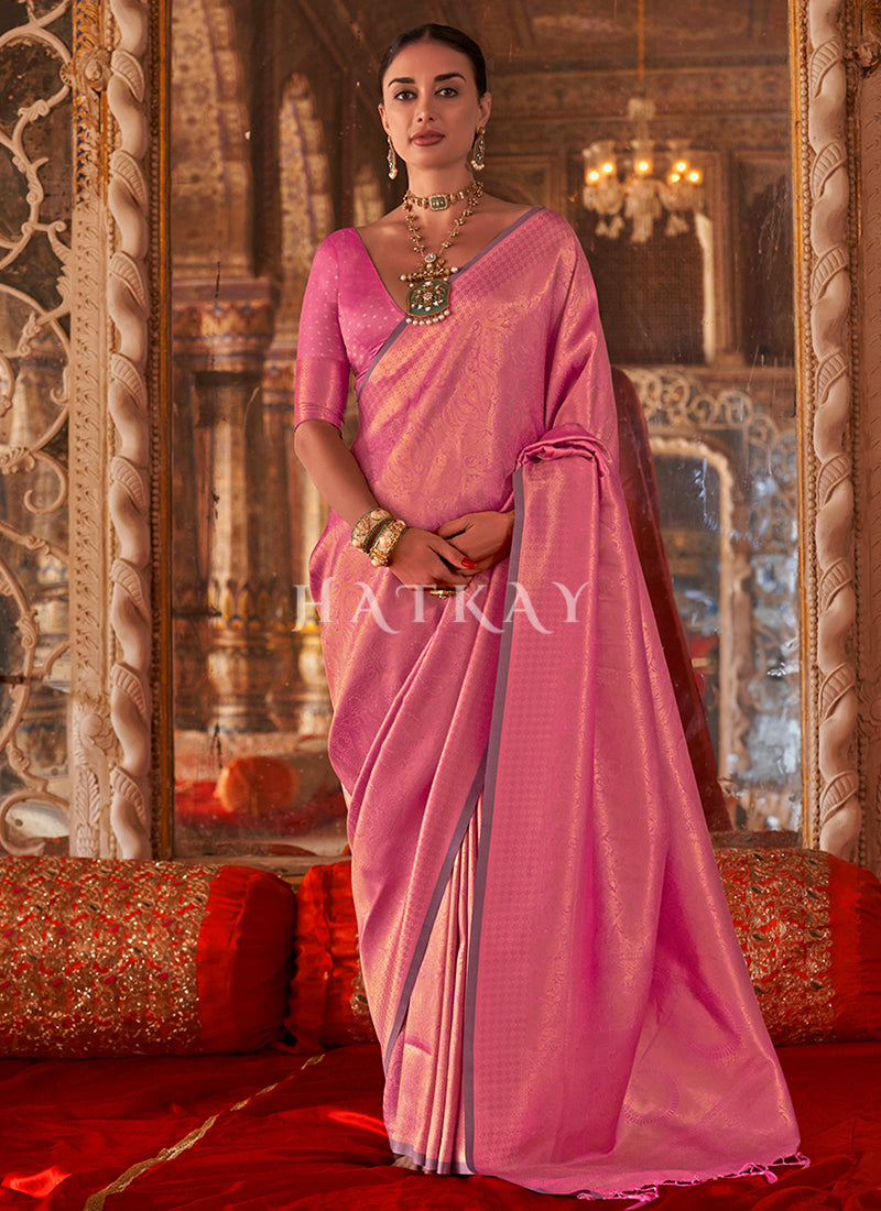 Pink Handloom Weaved Silk Saree