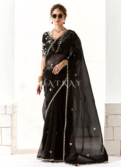 Black Embroidered Tissue Silk Saree